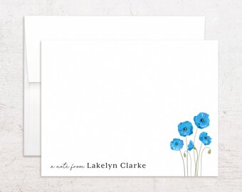 Tarjetas de felicitación con amapolas azules - Papelería personalizada con amapolas - Notas planas personalizadas