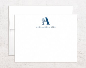 Floral Monogram Stationery - Botanical Initial Note Cards - Flower Single Letter - Custom Flat Notes