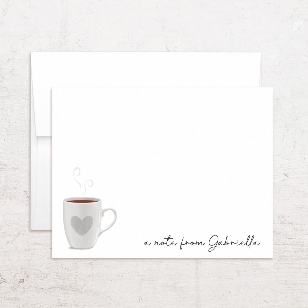 Personalized Coffee Mug Stationery - Heart Mug Note Cards - Flat Notes ...
