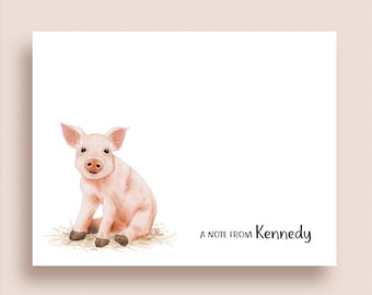 Pig Note Cards - Animal Note Cards - Personalized Pig Stationery - Folded Pig Thank You Notes - Illustrated Pig Note Cards