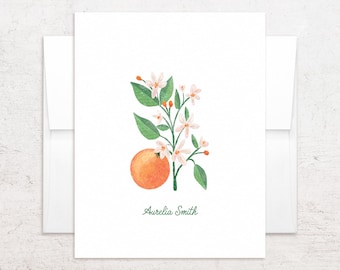 Tarjetas de felicitación con diseño de flor de naranjo - Papelería personalizada de color naranja - Notas plegables con la flor estatal de Florida