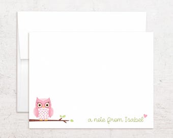 Personalized Pink Owl Stationery - Owl Note Cards - Flat Notes
