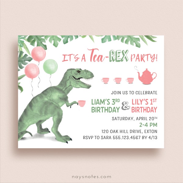 Tea Rex Invitations - Par-Tea Invitations - Tea Party Dino Birthday - Sibling Invite - Any Ages - Printed Invitations