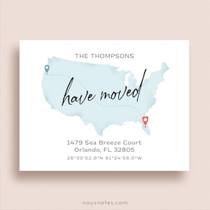 USA Map Moving Announcement - Map Moving Cards - New Address Cards - New Home - We've Moved - Printed Announcements