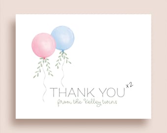 Twin Note Cards - Folded Note Cards - Personalized Twin Stationery - Twin Balloon Note Cards - Balloon Twin Thank You Notes - Baby Note Card