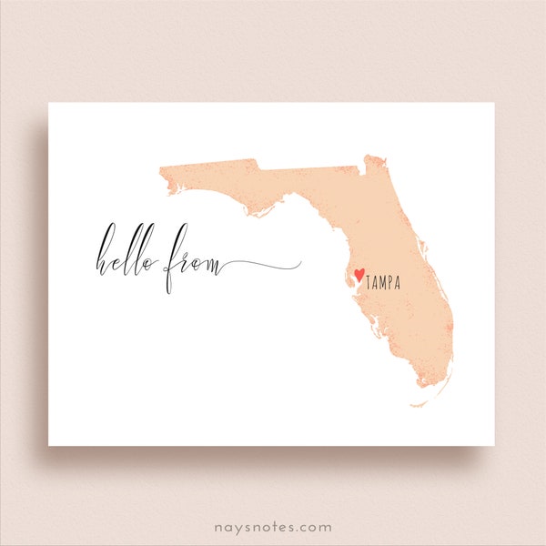 Florida Map Note Cards - Heart on ANY CITY, Town or Place - Folded Note Cards - Florida Stationery - State Map Note Cards