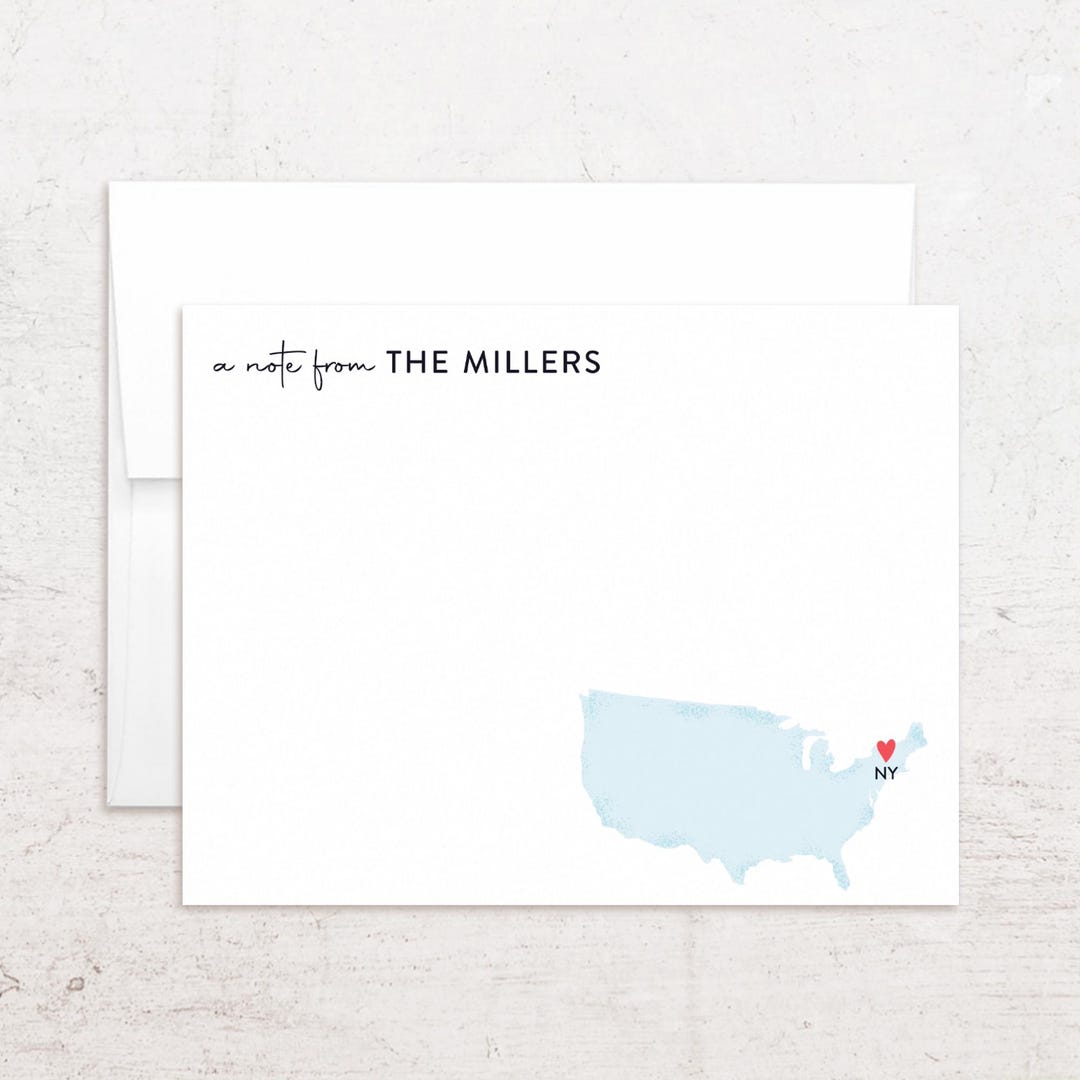 State Note Cards USA Map Note Cards - Personalized State Map Stationery - Custom Flat ...