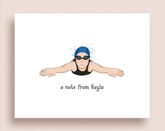 Swimmer Note Cards - Folded Note Cards - Personalized Swimmer Stationery - Swimmer Thank You Notes - Swimming Note Cards