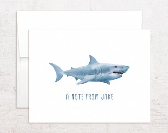 Tarjetas de notas con diseño de tiburón blanco - Papelería personalizada con diseño de tiburón - Notas plegables con diseño de megalodón
