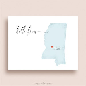 Mississippi Map Note Cards - Heart on ANY CITY, Town or Place - Folded Note Cards - Mississippi Stationery - State Map Note Cards