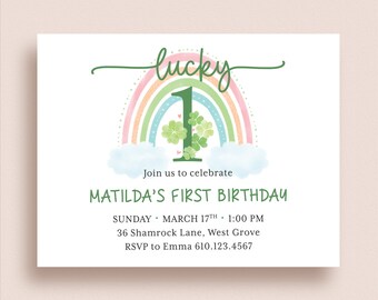 Shamrock Invitations - Lucky One Birthday - Four Leaf Clover Invites - Rainbow Invitations - March First Birthday - Printed Invitations