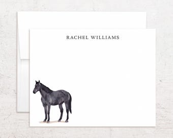 Personalized Horse Stationery - Black Horse Note Cards - Flat, Set of 10 +