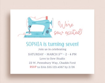 Sewing Party Invitations - Sewing Machine Invitations - Sewing Birthday Party - We're Sew Excited - Printed Invitations