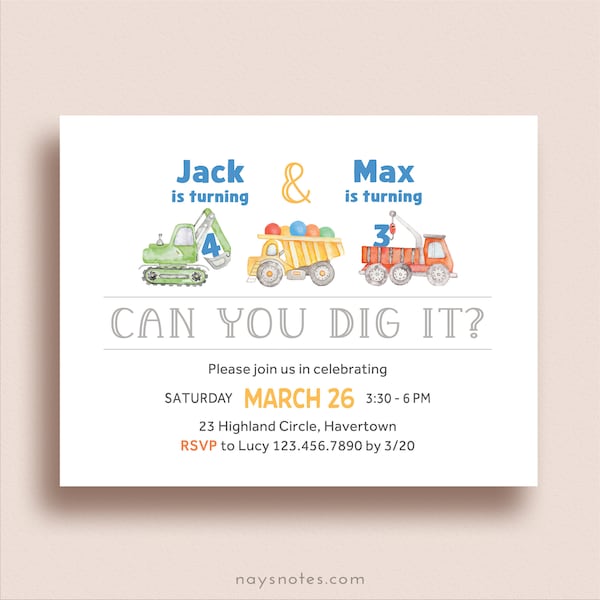 Construction Invitations - Dump Truck Invite - Construction Vehicles Birthday - Sibling Invite - Any Ages - Printed Invitations