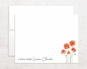 Tarjetas de felicitación con diseño de amapola naranja - Papelería personalizada con diseño de amapola - Notas planas personalizadas