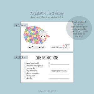 Tarjetas informativas sobre el cuidado de las ovejas tejidas - Instrucciones de cuidado - Doble cara - 2 tamaños disponibles - Juego de 20 +