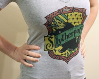Slytherpuff Cross-House Crest V-Neck T Shirt