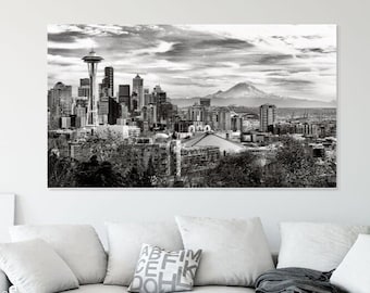 Seattle Skyline Panorama - Black and White Seattle Photography - Space Needle Wall Art - Seattle Decor - Seattle Canvas Print - Metal Print
