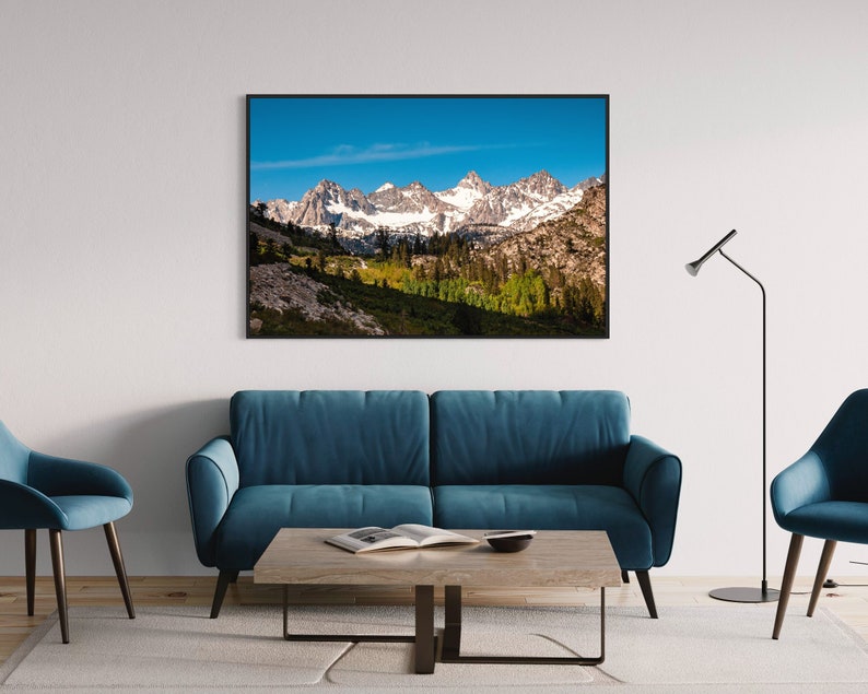 May include: A framed photograph of a mountain range with snow-capped peaks and a valley with green trees in the foreground. The sky is blue and there are clouds in the distance.