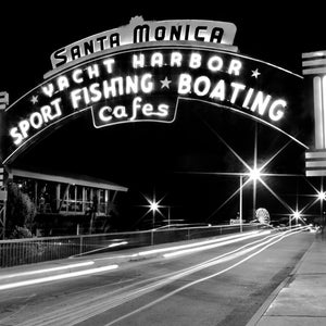 Santa Monica Pier Sign Photography Print Black and White Night Los Angeles Fine Art Photograph Wall Decor |Also Available on Canvas or Metal