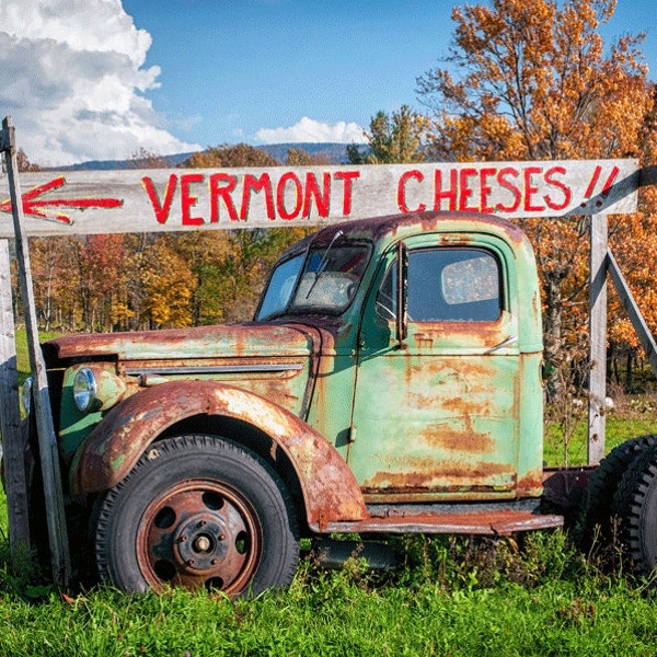 Old Green Pickup Truck Photography Print Vermont Cheese Fall Vintage Landscape Fine Art Wall Art Decor | Also  Available on Canvas or Metal