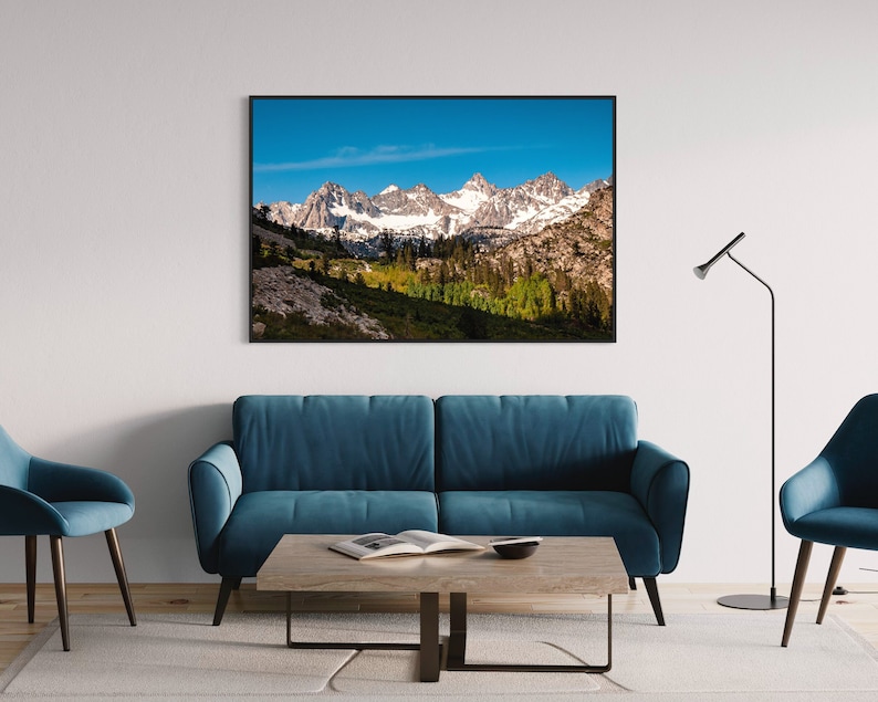 Puede incluir: Una fotograf&iacute;a enmarcada de una cordillera con picos cubiertos de nieve y un valle con &aacute;rboles verdes en primer plano. El cielo es azul y hay nubes en la distancia.