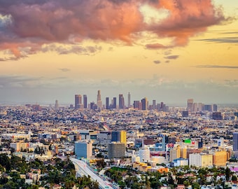 Los Angeles Photo LA Photography Los Angeles Downtown Sunset LA Cityscape Hollywood Hills Print Large Los Angeles Canvas  and Metal