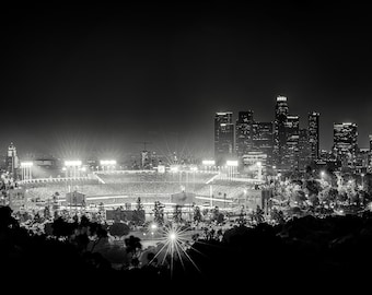 Dodger Stadium Photo Print Los Angeles Downtown Night Black and White LA Baseball Home Decor