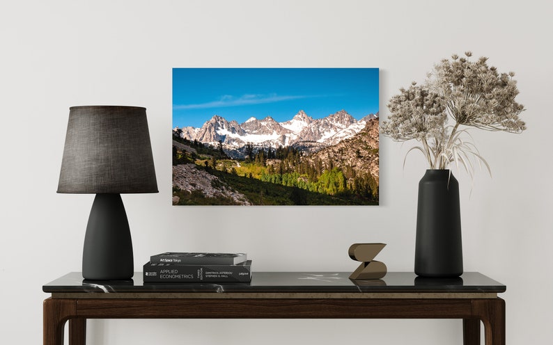 Puede incluir: Una fotograf&iacute;a panor&aacute;mica de una cordillera con picos cubiertos de nieve y un valle con &aacute;rboles verdes en primer plano. El cielo es azul y despejado.