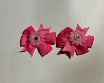 2 Fancy Decorated Hot Pink Dog Bows on clips size Med-Large size dog bows top knot bows Dog Grooming Bows Standard Poodles