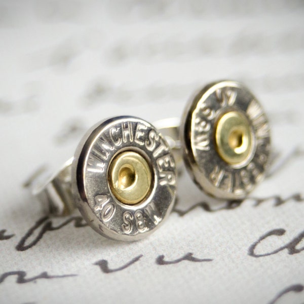 Bullet earrings, Two Toned 40 Caliber spent bullet earrings, Lead/Nickel-free posts