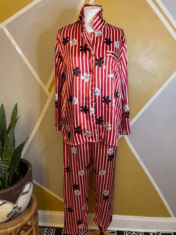 1980s Vintage Pajama Red Striped 2pc Set Pajamas