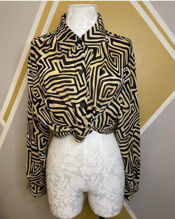 1990s Zigzag Animal Tan & Black Print Blouse