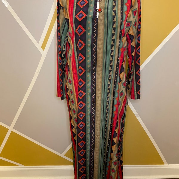 1980s Vintage Red Green Black Caftan Robe Dress