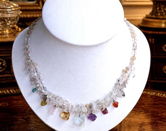 Collar Maestro Sanador de Cuarzo Diamante, Gotas de Piedras Preciosas Arcoíris en Bruto, Citrino, Amatista, Granate, Rubí