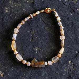 Ancient Quartz Agate Bracelet – Yemen Afghanistan Frosted Beads, Gold Clasp image 1