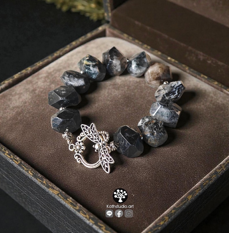 Black Rutilated Quartz Bracelet, Hematite Grounding Beads, Silver Dragonfly Clasp, Wabi Sabi Crystal Jewelry image 1