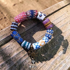 Vintage Krobo Bead Bracelet – Hand-Painted Recycled Glass, Ghana, Brass Charm Multi-Color C