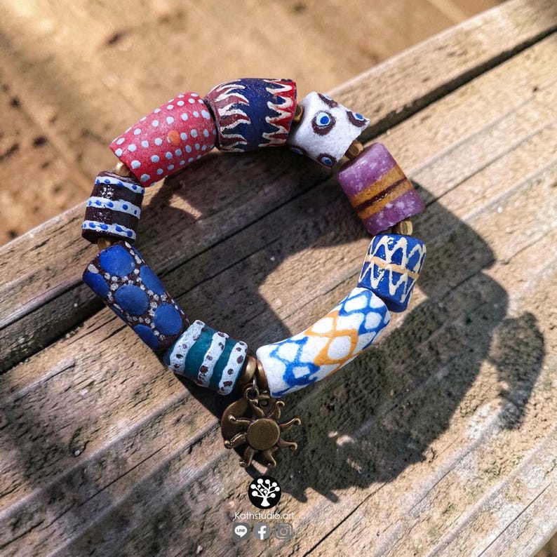 Vintage Krobo Bead Bracelet – Hand-Painted Recycled Glass, Ghana, Brass Charm Multi-Color C