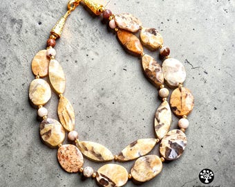 Leaf Agate and Coral Beaded Necklace, Gold Plated Gemstone Boho Jewelry