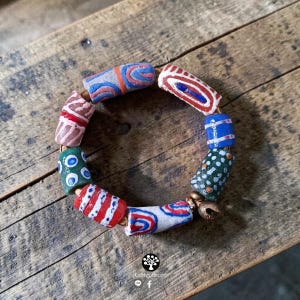 Vintage Krobo Bead Bracelet – Hand-Painted Recycled Glass, Ghana, Brass Charm Multi Color B