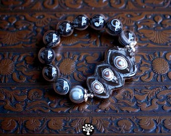 Bracelet tibétain dZi à trois yeux | Agate noire, fermoir en rhodium
