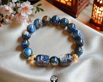Pulsera de cuentas de cianita, La noche estrellada de Van Gogh, dije de Pi Xiu tallado a mano, detalles chapados en oro.