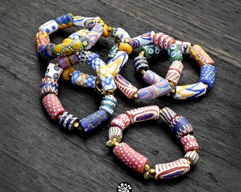 Vintage Krobo Bead Bracelet – Hand-Painted Recycled Glass, Ghana, Brass Charm