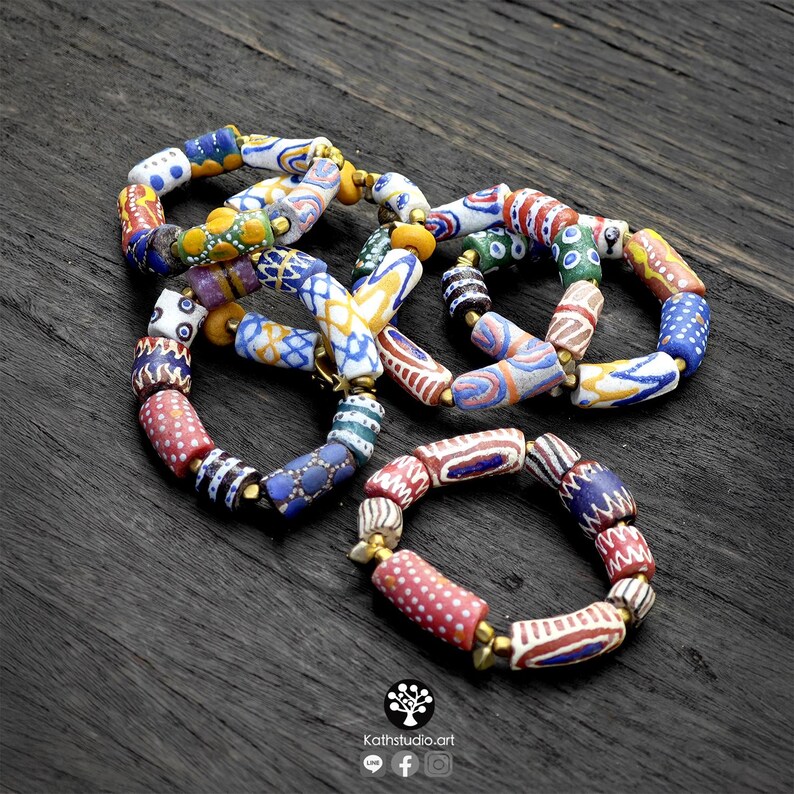 Vintage Krobo Bead Bracelet – Hand-Painted Recycled Glass, Ghana, Brass Charm image 1