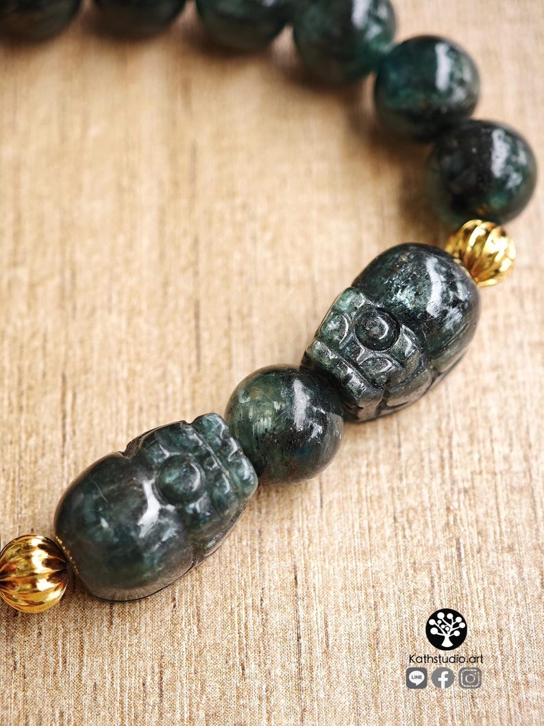 Hand-Carved Green Kyanite Pixiu Bracelet | Feng Shui Wealth Guardian Gemstone Beaded Jewelry image 4