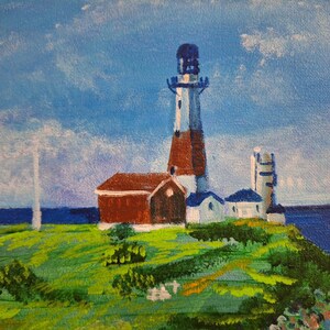 May include: A painting of a lighthouse on a grassy cliff overlooking the ocean. The lighthouse is white with a red stripe and a black top. There are smaller buildings next to the lighthouse.