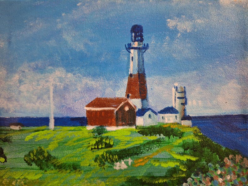 May include: A painting of a lighthouse on a grassy cliff overlooking the ocean. The lighthouse is white with a red stripe and a black top. There are smaller buildings next to the lighthouse.