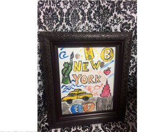 New York Statue of Liberty Empire State Building Taxi Big Apple Painting