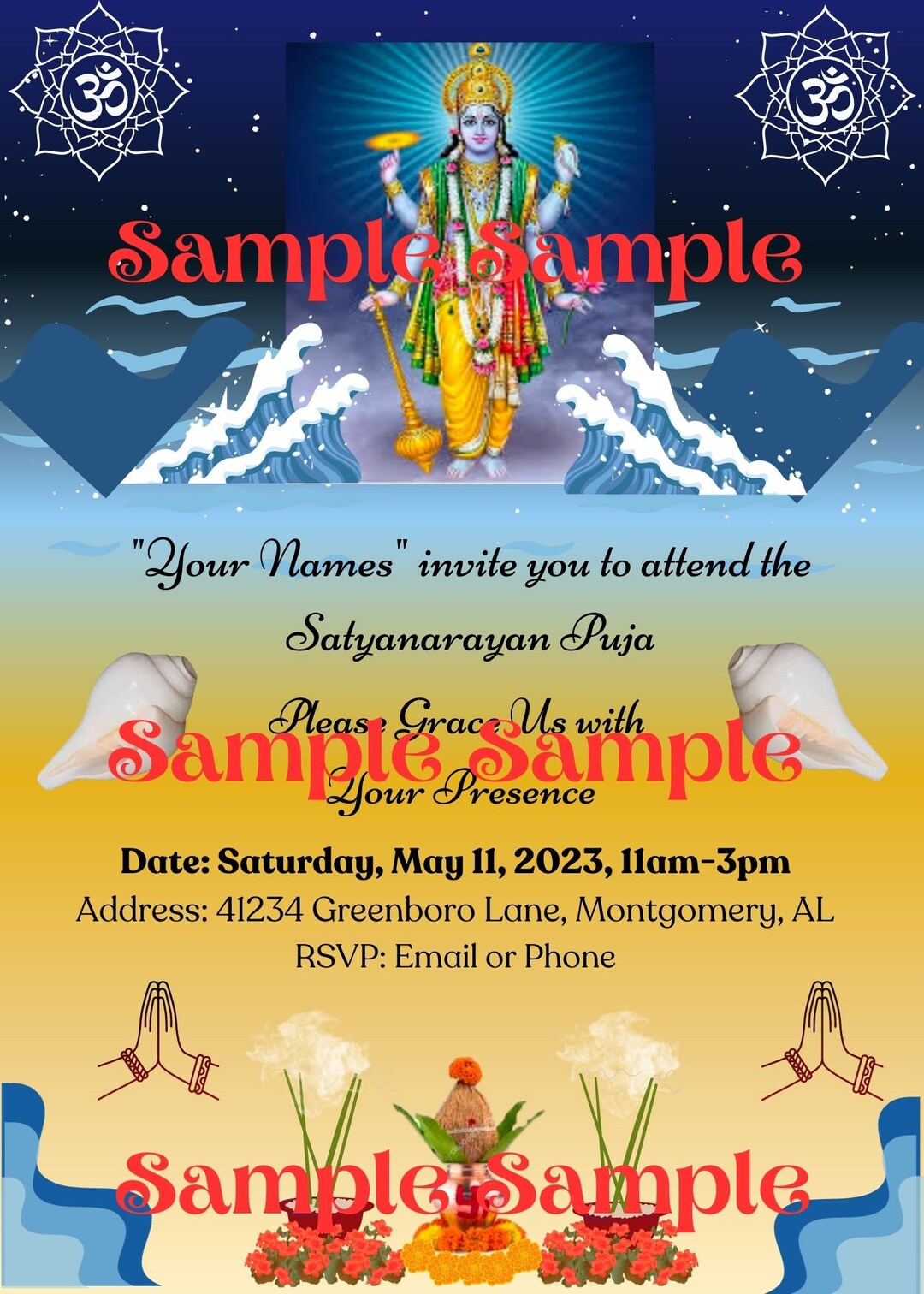 Satyanarayan Puja Invitation. Editable Template. Virtual, Video